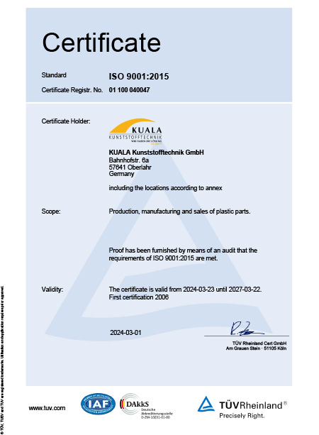 Kuala Kunststofftechnik - certificate DIN EN ISO 9001:2015